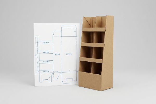 Brown corrugated display stock with three shelves beside a dieline blueprint detailing Side Panel, Shelf Tray, and Back Panel.