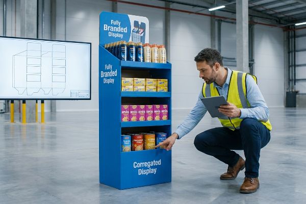 Blaue, vollständig mit Markenlogo versehene Wellpapp-Displayeinheit in einer Fabrikhalle, während ein Ingenieur Produkte prüft und eine Stanzformzeichnung auf einem Bildschirm angezeigt wird.