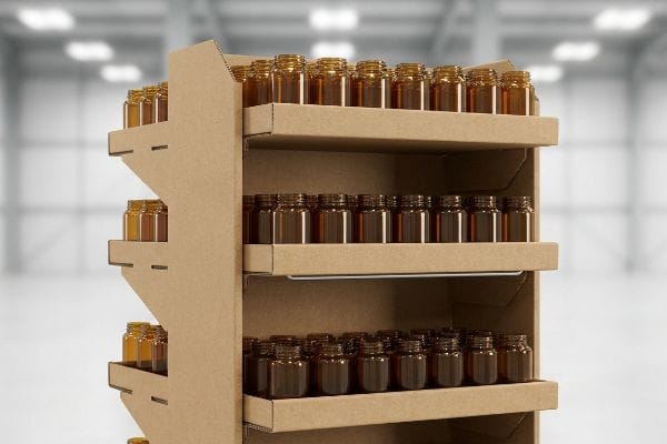 Corrugated cardboard display with tiered shelves holding rows of amber glass jars, designed for heavy liquid loads in retail.