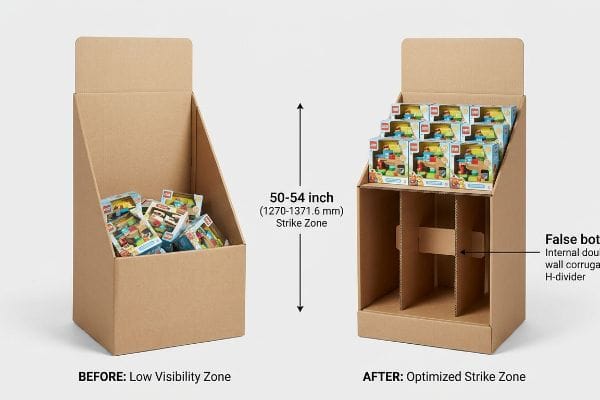 Corrugated cardboard dump bin displays: low visibility LEGO Duplo sets vs. optimized 50-54 inch Strike Zone, with false bottom H-divider.