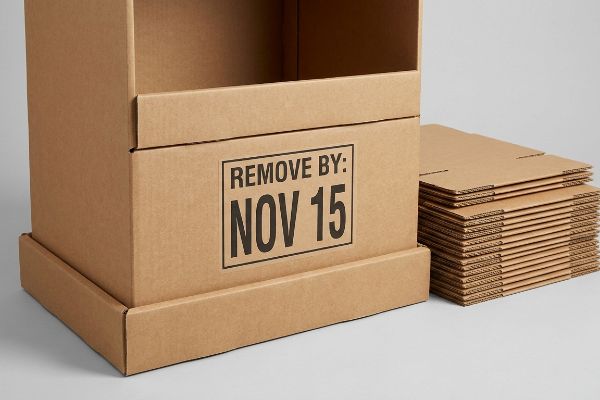 Natural corrugated cardboard display box with 'Remove By: Nov 15' printed, beside a stack of flat-packed cardboard sheets.