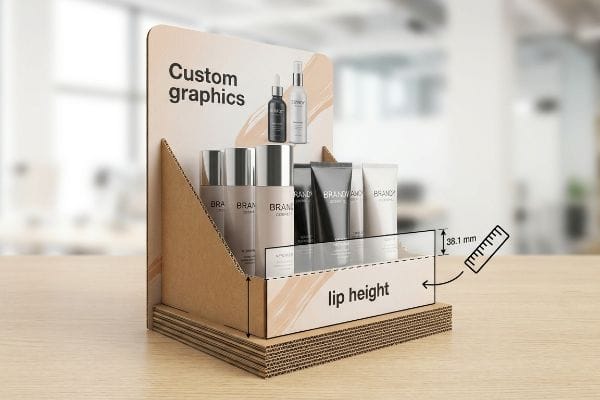 Corrugated cardboard countertop display showcasing cosmetic products with 'Custom graphics' header and a 'lip height' measurement of 38.1 mm.