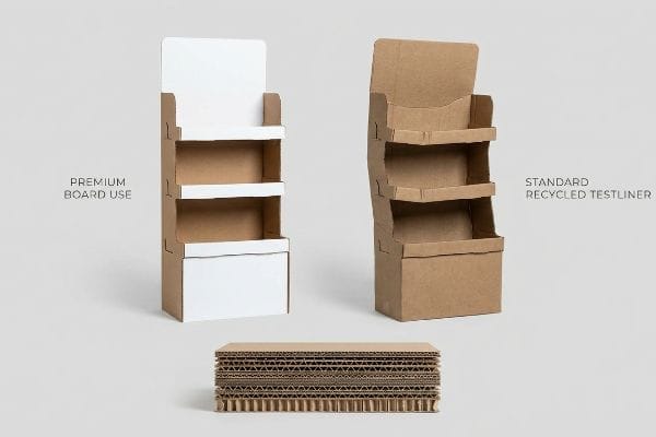 Expositores de cartón ondulado: uno de cartón Premium Board Use, uno de Testliner reciclado estándar, con una pila de material ondulado en bruto.