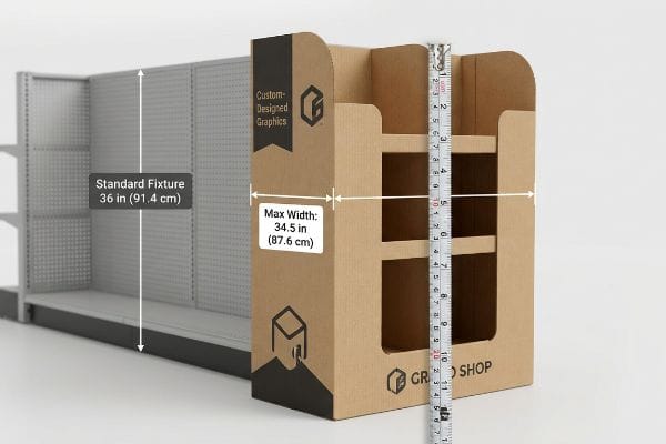 Brown corrugated cardboard end cap display with Custom-Designed Graphics, positioned next to a standard 36 in (91.4 cm) retail fixture, highlighting the 34.5 in (87.6 cm) max width for temporary inserts.