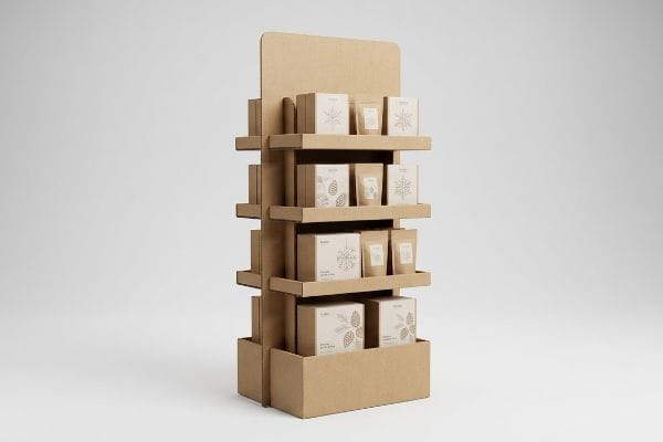 El expositor de cartón corrugado para tiendas, destinado a la temporada, presenta cajas de productos de papel kraft con gráficos de piñas y copos de nieve.