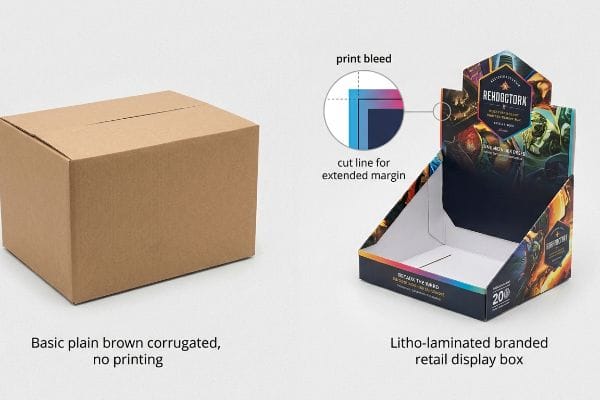 Comparaison entre une simple boîte d'expédition en carton ondulé brun et une boîte de présentation de vente au détail lithographiée de marque REHDOGTORK, mettant en évidence le fond perdu et la ligne de coupe pour une marge étendue.