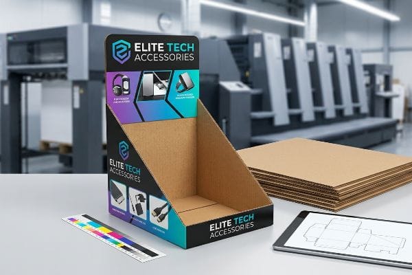 A custom-printed corrugated countertop display for Elite Tech Accessories, with color calibration strip, dieline, and raw paperboard.