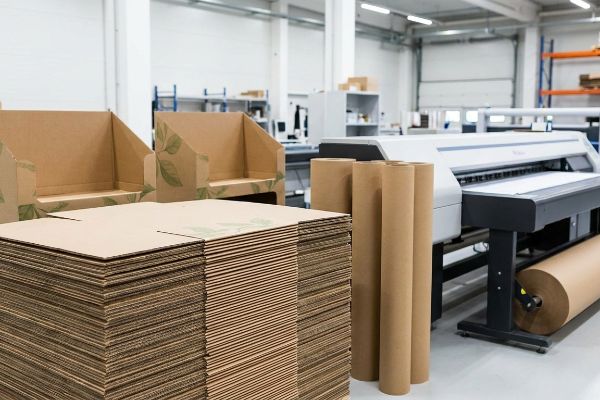 Planta de producción con láminas de cartón ondulado ecológico, expositores para puntos de venta con motivos de hojas verdes, impresora de gran formato y rollos de papel.