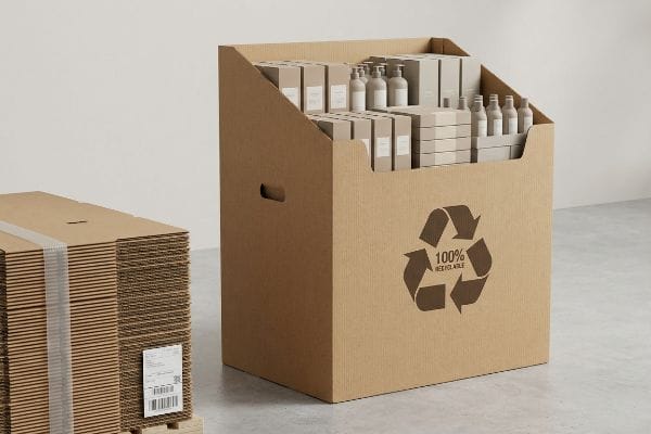 Corrugated cardboard floor display, filled with retail products, features a 100% Recyclable logo, next to flat-packed display sheets.