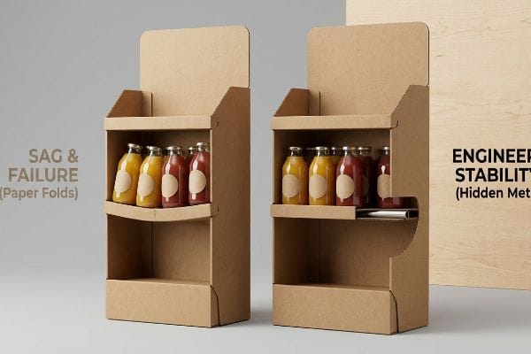 Kraft corrugated display shows Sag & Failure (Paper Folds) with bowing shelves, contrasted with Engineered Stability (Hidden Metal) using a hidden steel support for bottles.