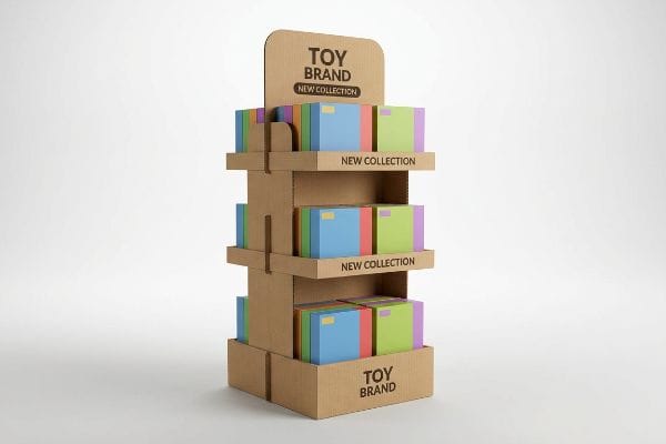 Corrugated cardboard toy display stand showcasing colorful boxes on three shelves, labeled 'Toy Brand' and 'New Collection'.