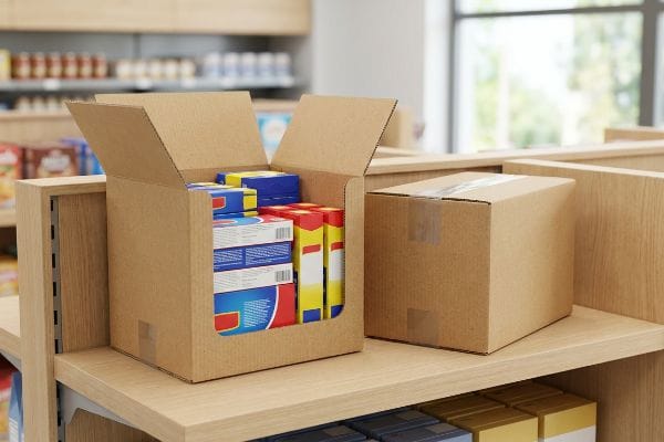 On a light wooden shelf, an open corrugated display box with colorful product packaging sits next to a sealed shipping carton.