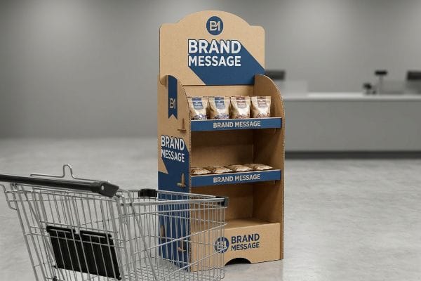 Kraft corrugated floor stand with a die-cut header, featuring B1 logo and high-contrast blue Brand Message text, displaying product pouches next to a shopping cart.
