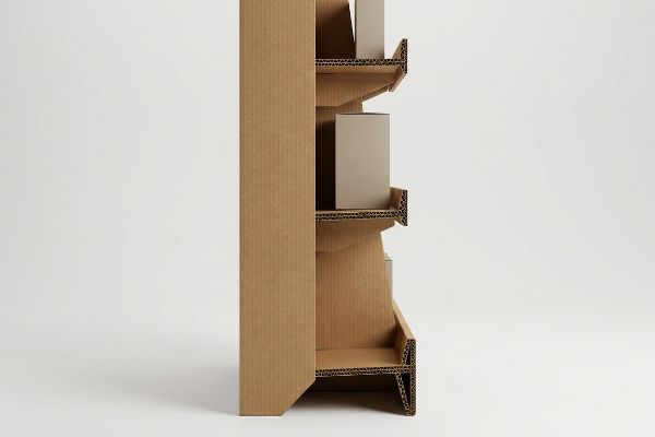Corrugated cardboard display stand side view, showcasing multi-tiered shelves with light product boxes, emphasizing engineered structure for retail.