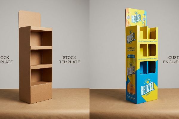 Comparing a plain corrugated Stock Template POP display with a vibrant, branded Redzel Custom Engineered display.