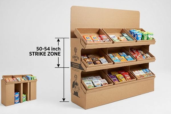 Kraft corrugated retail display with three tiers of snacks, showing '50-54 Inch Strike Zone' and 'Cardboard Shop' branding, plus a smaller unit.