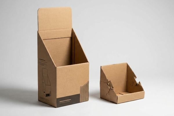 Brown corrugated cardboard countertop display next to a smaller, damaged unit, illustrating dieline scaling issues and material stress.