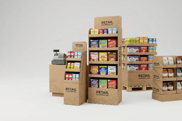 Expositores de papelão ondulado marrom para varejo, incluindo unidades de chão, de balcão e de palete, repletos de caixas de cereais e salgadinhos, da marca Retail Solutions Inc.
