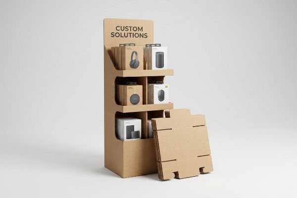 Un présentoir de vente personnalisé en carton ondulé brun comportant un 