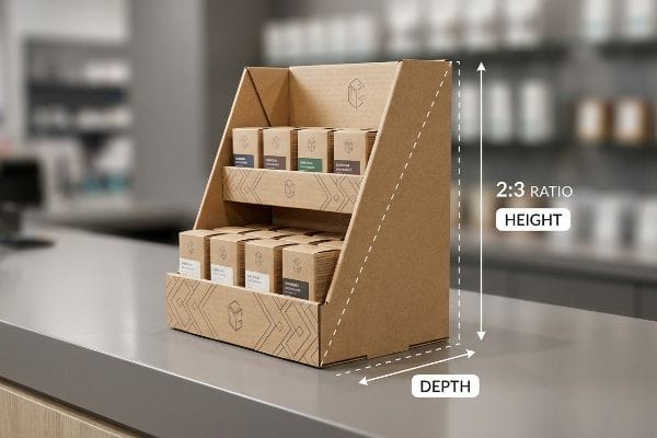 Brown corrugated counter display unit with tiered shelving, illustrating the 2:3 Ratio for Height and Depth on a grey retail counter.
