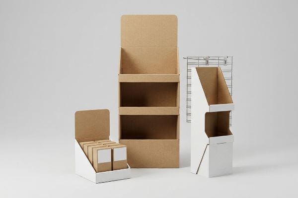Corrugated cardboard retail display units, including a countertop POS, a floor-standing shelf display, and a sidekick power wing.