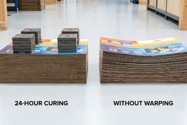 Litho-laminated corrugated sheets display curing effects: a flat stack with weights for 24-Hour Curing versus a visibly bowed stack labeled Without Warping.