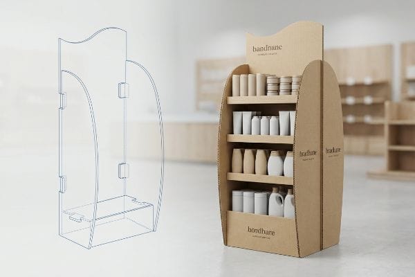 Curved corrugated cardboard end cap display, showcasing Bandnane and Bordhare products, alongside a wireframe blueprint.