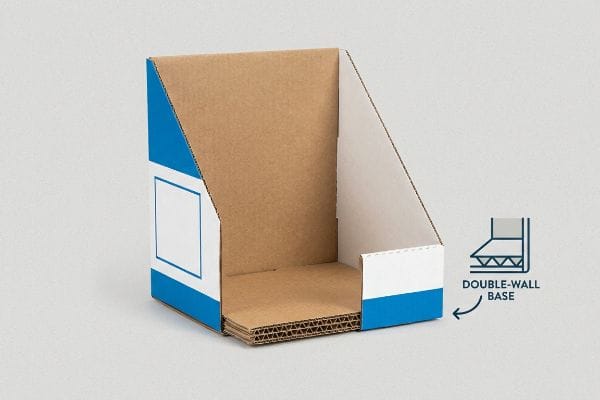 Brown corrugated retail display box with blue accents, highlighting its Double-Wall Base for enhanced structural integrity.