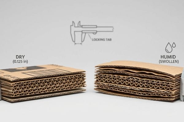 Corrugated board samples illustrate dry (0.125 in) vs. humid (swollen) states, with a caliper diagram for locking tab measurement.