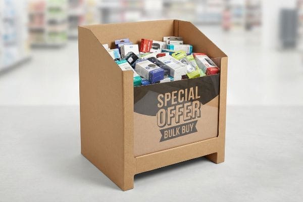 Brown corrugated cardboard dump bin display filled with packaged products, featuring a 'Special Offer Bulk Buy' sign in a retail store.