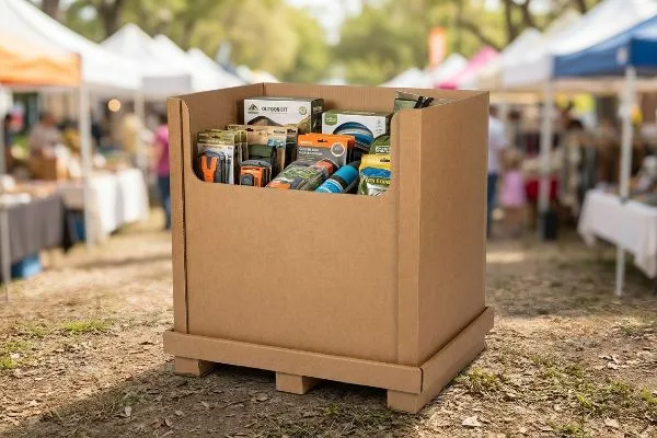 Auf einem unbefestigten Marktstand im Freien steht ein stabiler Wellpapp-Müllcontainer mit Campingausrüstung und einem Outdoor-Set.
