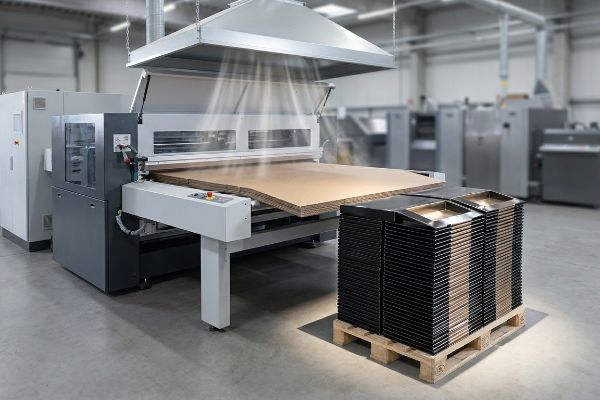 Folha de papelão ondulado marrom passando por processo de extração de poeira em uma máquina de corte e vinco com lâminas de ar, ao lado de bandejas de exposição de produtos empilhadas.