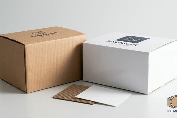 Caixa Mininilsit marrom de papelão ondulado ao lado de uma caixa Mininilsit branca com perfil E, com amostras de papelão ondulado e papelão branco liso.