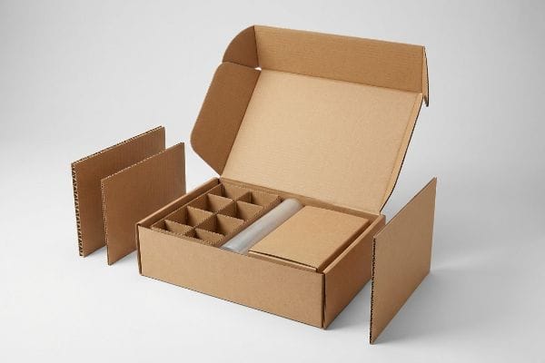 Open brown corrugated shipping box with E-flute dividers, clear protective film, and flat cardboard inserts for product packaging.
