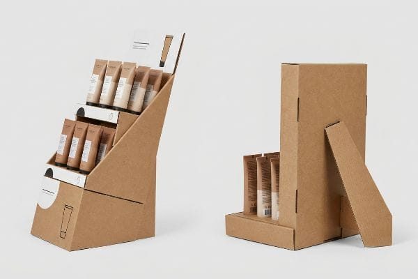Brown corrugated cardboard tiered point-of-sale display filled with cosmetic tubes, featuring a sturdy easel back for retail stability.