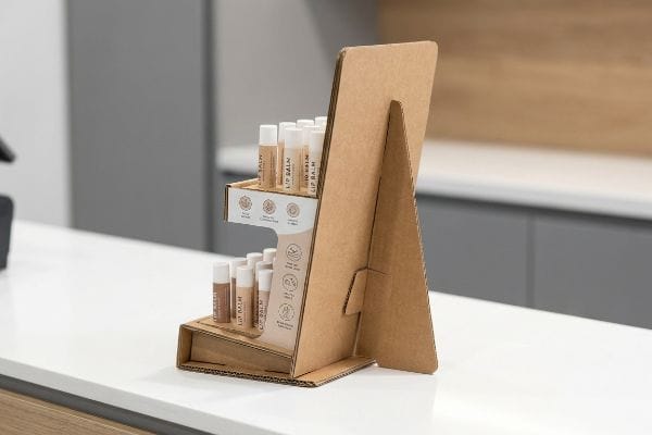 Verkaufsdisplay aus brauner Wellpappe mit aufstellbarem Ständer, auf dem Lippenbalsam-Tuben auf einem weißen Tresen präsentiert werden.