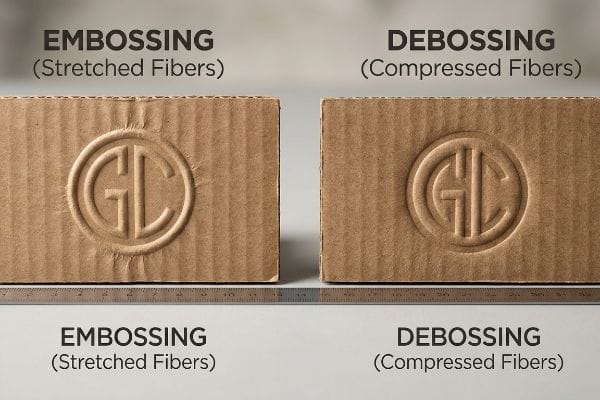Brown corrugated cardboard samples illustrating Embossing (Stretched Fibers) with a raised 'GLC' logo and Debossing (Compressed Fibers) with a depressed 'GLC' logo, positioned above a ruler.