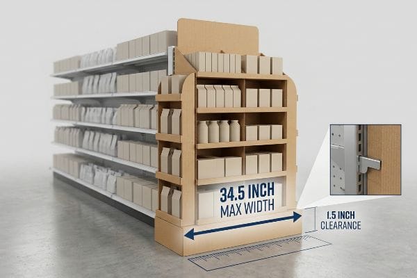 Corrugated cardboard endcap display illustrating a 34.5 Inch Max Width and 1.5 Inch Clearance from retail gondola metal brackets.