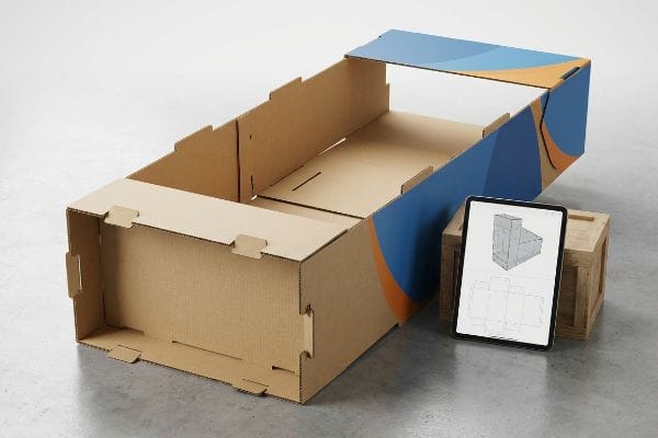 A partially assembled corrugated endcap display with blue and orange graphics, beside a tablet showing a 3D design and die-cut layout.