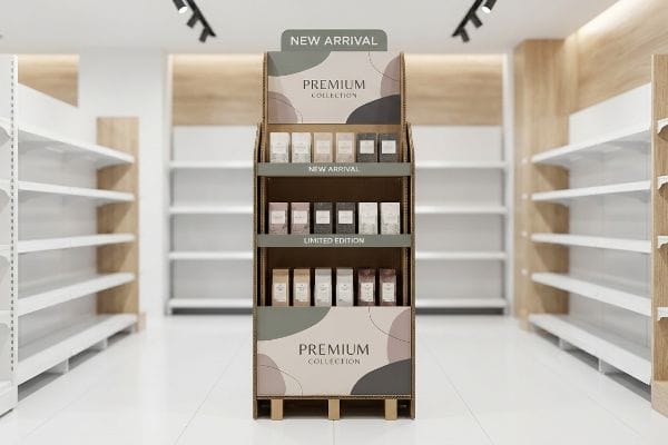 A retail store aisle features a corrugated cardboard endcap display with 