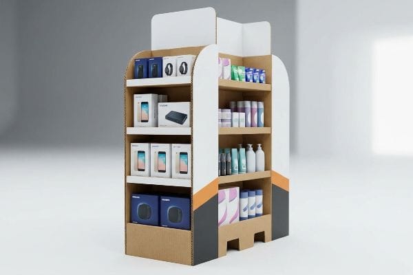A custom corrugated endcap display showcases consumer electronics like smartphones and smartwatches, alongside personal care products, on white shelves with orange and gray accents.