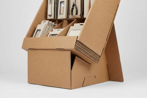 Brown corrugated cardboard display stand with tiered shelves holding packaged tools, featuring a sturdy false bottom and easel back.