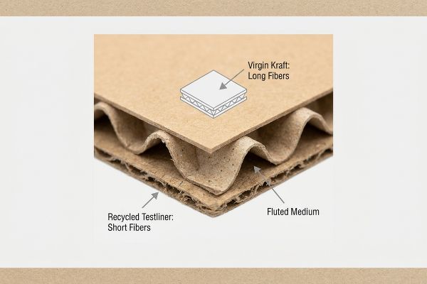 Corte transversal detalhado de papelão ondulado revelando fibras longas de Kraft virgem, fibras médias de papelão ondulado e fibras curtas de Testliner reciclado.