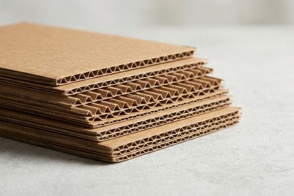 Ein Stapel brauner Wellpappen, bei dem die geriffelten Mittelschichten und die flachen Deckschichten gut sichtbar sind – ideal für robuste Verpackungen.
