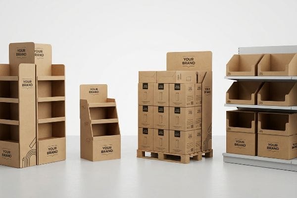 Diversos elementos de mobiliario comercial de cartón ondulado, incluyendo expositores de suelo, unidades de mostrador, expositores de palés y contenedores modulares para estanterías.