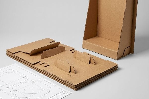 Brown corrugated cardboard flat-pack display components and an assembled temporary retail merchandiser, alongside a die-cut template.