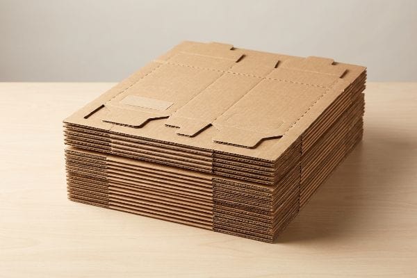 Neatly stacked unassembled corrugated cardboard flat-packs with visible pre-creased lines, ready for assembly into retail displays.