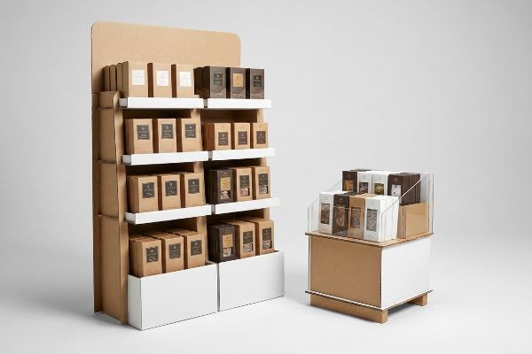 Two custom corrugated cardboard retail displays, a multi-shelf floor stand and a countertop bin with clear acrylic, filled with packaged products.