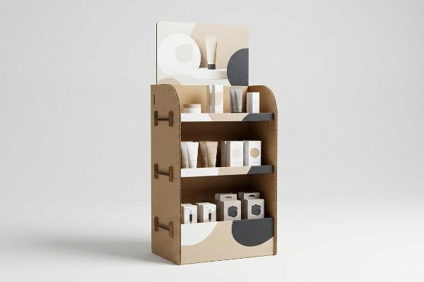 Présentoir de sol autoportant en carton ondulé présentant des tubes cosmétiques et des petits produits de consommation sur trois étagères, arborant un design moderne avec des motifs abstraits beiges et gris.