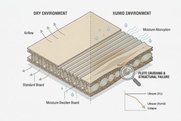Corrugated board cross-section shows dry environment airflow vs. humid environment moisture absorption, flute crushing, structural failure, and lifespan collapse.